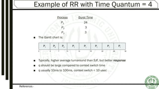 Reference:-
Example of RR with Time Quantum = 4
Process Burst Time
P1 24
P2 3
P3 3
■ The Gantt chart is:
■ Typically, higher average turnaround than SJF, but better response
■ q should be large compared to context switch time
■ q usually 10ms to 100ms, context switch < 10 usec
P P P1 1 1
0 18 3026144 7 10 22
P2
P3
P1
P1
P1
 