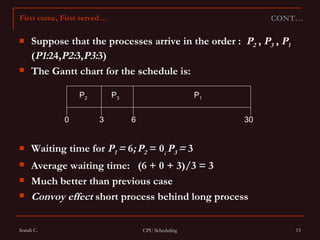 Suppose that the processes arrive in the order :  P 2  ,  P 3  ,  P 1  ( P1: 24, P2: 3, P3: 3) The Gantt chart for the schedule is: Waiting time for  P 1  =  6 ;   P 2  = 0 ;  P 3  =  3 Average waiting time:  (6 + 0 + 3)/3 = 3 Much better than previous case Convoy effect  short process behind long process CONT… First come, First served… P 1 P 3 P 2 6 3 30 0 