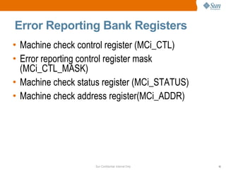 Error Reporting Bank Registers Machine check control register (MCi_CTL) Error reporting control register mask (MCi_CTL_MASK) Machine check status register (MCi_STATUS) Machine check address register(MCi_ADDR)  