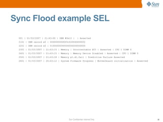 001 | 01/03/2007 | 21:43:00 | OEM #0x12 |  | Asserted 2101 | OEM record e0 | 00000000040f0c0200400000f2 2201 | OEM record e0 | 01000000040000000000000000 2301 | 01/03/2007 | 21:43:15 | Memory | Uncorrectable ECC | Asserted | CPU 1 DIMM 0 2401 | 01/03/2007 | 21:43:15 | Memory | Memory Device Disabled | Asserted | CPU 1 DIMM 0 2501 | 01/03/2007 | 21:43:18 | Memory p1.d1.fail | Predictive Failure Asserted 2601 | 01/03/2007 | 20:43:12 | System Firmware Progress | Motherboard initialization | Asserted Sync Flood example SEL 
