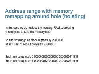 Address range with memory remapping around hole (hoisting) In this case we do not lose the memory. RAM addressing is remapped around the memory hole so address range on Mode 0 grows by 20000000 base + limit of node 1 grows by 20000000 Bootmem setup node 0 0000000000000000-000000011fffffff Bootmem setup node 1 0000000120000000-000000021fffffff 