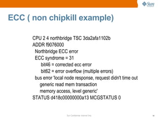 ECC ( non chipkill example) CPU 2 4 northbridge TSC 3da2afa1102b ADDR f9076000 Northbridge ECC error ECC syndrome = 31 bit46 = corrected ecc error bit62 = error overflow (multiple errors) bus error 'local node response, request didn't time out generic read mem transaction memory access, level generic' STATUS d418c00000000a13 MCGSTATUS 0 
