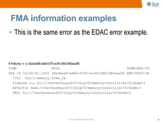 FMA information examples This is the same error as the EDAC error example. # fmdump -v -u 3dadae66-a6e0-67fc-ecf4-d9b7d46aea86 TIME  UUID  SUNW-MSG-ID Feb 18 15:42:41.1662 3dadae66-a6e0-67fc-ecf4-d9b7d46aea86 AMD-8000-3K 100%  fault.memory.dimm_ck Problem in: hc:///motherboard=0/chip=0/memory-controller=0/dimm=3 Affects: mem:///motherboard=0/chip=0/memory-controller=0/dimm=3 FRU: hc:///motherboard=0/chip=0/memory-controller=0/dimm=3 