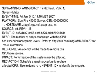 SUNW-MSG-ID: AMD-8000-67, TYPE: Fault, VER: 1, Severity Major EVENT-TIME: Fri Jan  5 10:11:10 MET 2007 PLATFORM: Sun Fire X4200 Server, CSN: 0000000000 , HOSTNAME: z-app1.vpv.no1.asap-asp.net SOURCE: eft, REV: 1.16 EVENT-ID: bc534eb7-ca58-ecbf-b225-ddbb79045d8d DESC: The number of errors associated with this CPU has exceeded acceptable levels.  Refer to http://sun.com/msg/AMD-8000-67 for more information. RESPONSE: An attempt will be made to remove this CPU from service. IMPACT: Performance of this system may be affected. REC-ACTION: Schedule a repair procedure to replace affected CPU.  Use fmdump -v -u <EVENT_ID> to identify the module. 