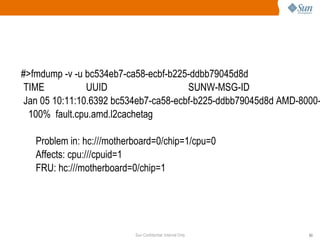 #>fmdump -v -u bc534eb7-ca58-ecbf-b225-ddbb79045d8d TIME  UUID  SUNW-MSG-ID Jan 05 10:11:10.6392 bc534eb7-ca58-ecbf-b225-ddbb79045d8d AMD-8000-67 100%  fault.cpu.amd.l2cachetag Problem in: hc:///motherboard=0/chip=1/cpu=0 Affects: cpu:///cpuid=1 FRU: hc:///motherboard=0/chip=1 