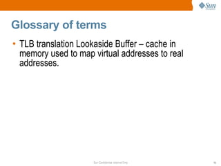Glossary of terms TLB translation Lookaside Buffer – cache in memory used to map virtual addresses to real addresses. 