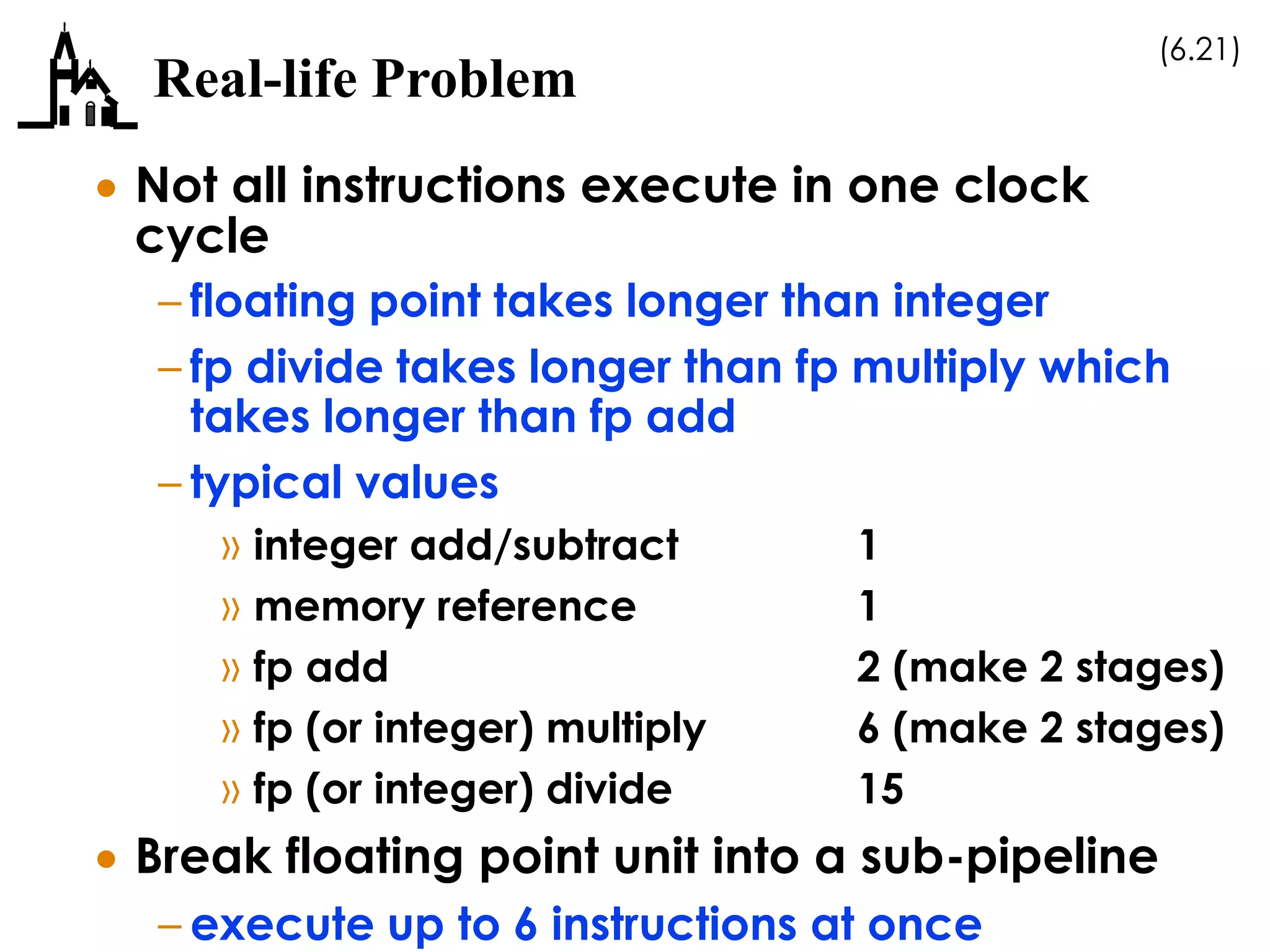 (6.21)
Real-life Problem
 Not all instructions execute in one clock
cycle
– floating point takes longer than integer
– fp divide takes longer than fp multiply which
takes longer than fp add
– typical values
» integer add/subtract 1
» memory reference 1
» fp add 2 (make 2 stages)
» fp (or integer) multiply 6 (make 2 stages)
» fp (or integer) divide 15
 Break floating point unit into a sub-pipeline
– execute up to 6 instructions at once
 