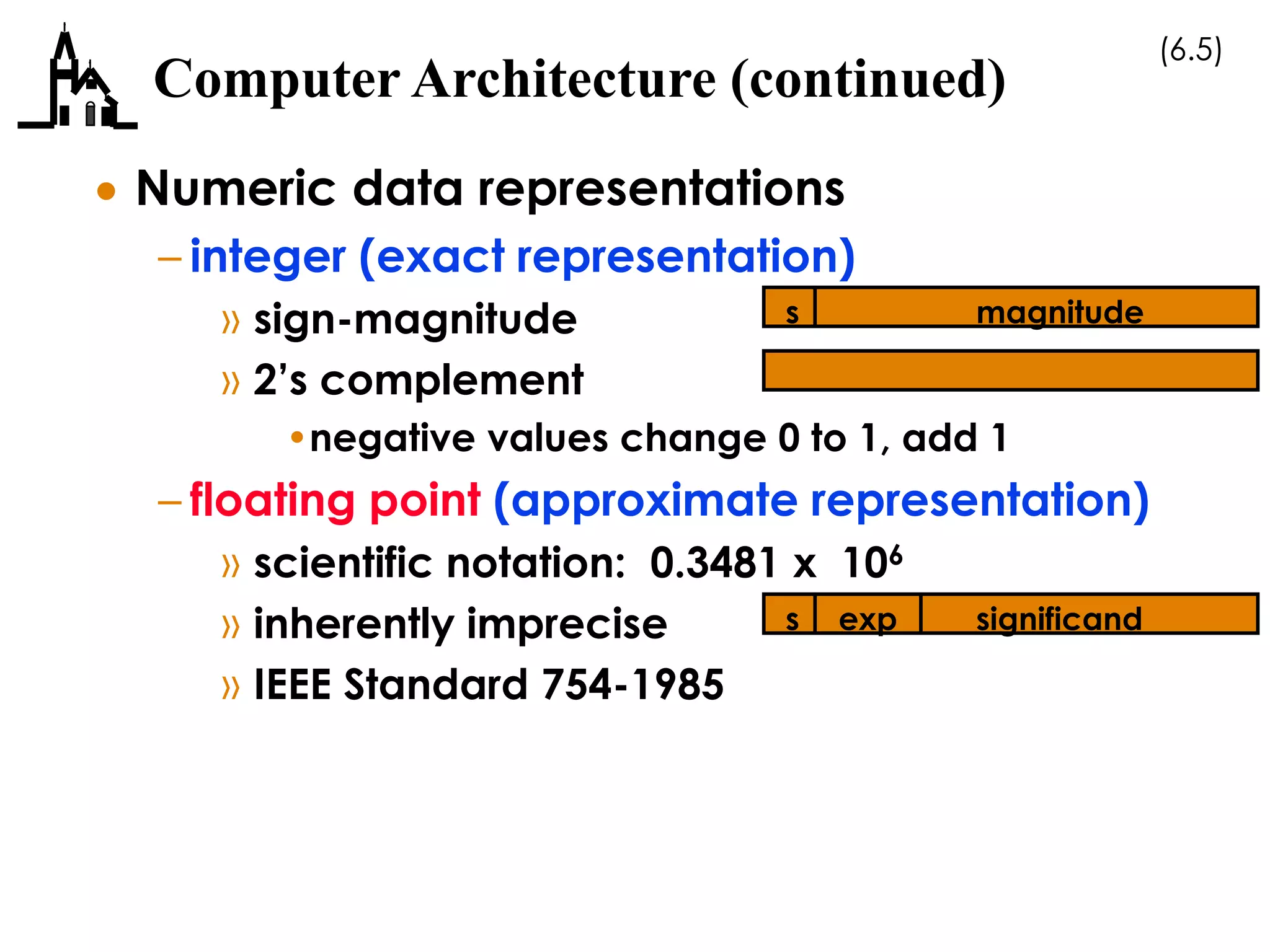 (6.5)
Computer Architecture (continued)
 Numeric data representations
– integer (exact representation)
» sign-magnitude
» 2’s complement
•negative values change 0 to 1, add 1
– floating point (approximate representation)
» scientific notation: 0.3481 x 106
» inherently imprecise
» IEEE Standard 754-1985
s magnitude
s exp significand
 