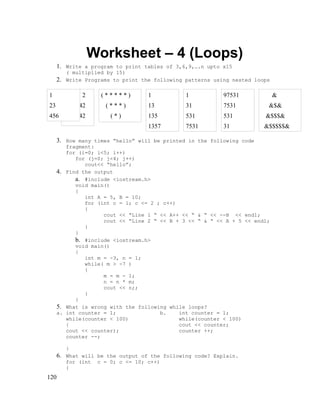 Worksheet – 4 (Loops)
1. Write a program to print tables of 3,6,9,….n upto x15
2.

( multiplied by 15)
Write Programs to print the following patterns using nested loops

1

2

23

242

456

24642
2468642

(*****)

1

1

97531

&

(***)

13

31

7531

&$&

(*)

135

531

531

&$$$&

1357

7531

31

&$$$$$&

3. How many times “hello” will be printed in the following code
fragment:
for (i=0; i<5; i++)
for (j=0; j<4; j++)
cout<< “hello”;
4. Find the output
a. #include <iostream.h>
void main()
{
int A = 5, B = 10;
for (int c = 1; c <= 2 ; c++)
{
cout << “Line 1 “ << A++ << “ & “ << --B << endl;
cout << “Line 2 “ << B + 3 << “ & “ << A + 5 << endl;
}
}
b. #include <iostream.h>
void main()
{
int m = -3, n = 1;
while( m > -7 )
{
m = m - 1;
n = n * m;
cout << n;;
}
}
5. What is wrong with the following while loops?
a. int counter = 1;
b.
int counter = 1;
while(counter < 100)
while(counter < 100)
{
cout << counter;
cout << counter);
counter ++;
counter --;
}

6. What will be the output of the following code? Explain.
for (int
{

120

c = 0; c <= 10; c++)

 