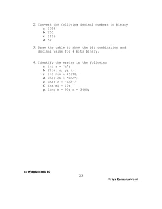 2. Convert the following decimal numbers to binary
a. 1024
b. 255
c. 1189
d. 52
3. Draw the table to show the bit combination and
decimal value for 4 bits binary.
4. Identify the errors in the following
a. int a = ‘a’;
b. float x; y; z;
c. int num = 45678;
d. char ch = “abc”;
e. char c = ‘abc’;
f. int m$ = 10;
g. long m = 90; n = 3400;

CS WORKBOOK IX
23
Priya Kumaraswami

 