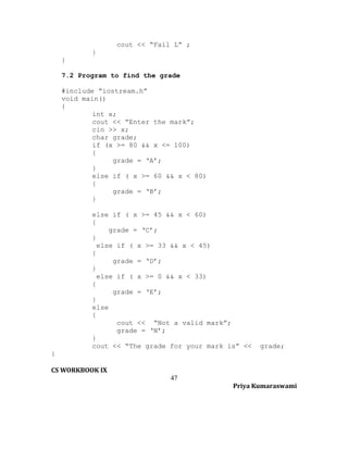 cout << “Fail L” ;
}
}
7.2 Program to find the grade
#include “iostream.h”
void main()
{
int x;
cout << “Enter the mark”;
cin >> x;
char grade;
if (x >= 80 && x <= 100)
{
grade = ‘A’;
}
else if ( x >= 60 && x < 80)
{
grade = ‘B’;
}
else if ( x >= 45 && x < 60)
{
grade = ‘C’;
}
else if ( x >= 33 && x < 45)
{
grade = ‘D’;
}
else if ( x >= 0 && x < 33)
{
grade = ‘E’;
}
else
{
cout << “Not a valid mark”;
grade = ‘N’;
}
cout << “The grade for your mark is” <<

grade;

}
CS WORKBOOK IX
47
Priya Kumaraswami

 