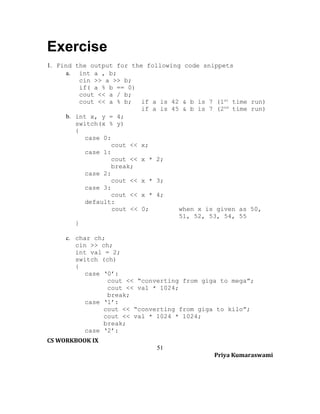Exercise
1. Find the output for the following code snippets
a. int a , b;
cin >> a >> b;
if( a % b == 0)
cout << a / b;
cout << a % b;
if a is 42 & b is 7 (1st time run)
if a is 45 & b is 7 (2nd time run)
b. int x, y = 4;
switch(x % y)
{
case 0:
cout << x;
case 1:
cout << x * 2;
break;
case 2:
cout << x * 3;
case 3:
cout << x * 4;
default:
cout << 0;
when x is given as 50,
51, 52, 53, 54, 55
}
c. char ch;
cin >> ch;
int val = 2;
switch (ch)
{
case ‘0’:
cout << “converting from giga to mega”;
cout << val * 1024;
break;
case ‘1’:
cout << “converting from giga to kilo”;
cout << val * 1024 * 1024;
break;
case ‘2’:
CS WORKBOOK IX
51
Priya Kumaraswami

 