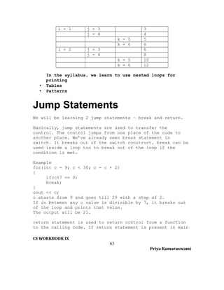 i = 1

j = 3
j = 4
k = 5
k = 6

i = 2

j = 3
j = 4
k = 5
k = 6

•
•

3
4
5
6
6
8
10
12

In the syllabus, we learn to use nested loops for
printing
Tables
Patterns

Jump Statements
We will be learning 2 jump statements – break and return.
Basically, jump statements are used to transfer the
control. The control jumps from one place of the code to
another place. We’ve already seen break statement in
switch. It breaks out of the switch construct. break can be
used inside a loop too to break out of the loop if the
condition is met.
Example
for(int c = 9; c < 30; c = c + 2)
{
if(c%7 == 0)
break;
}
cout << c;
c starts from 9 and goes till 29 with a step of 2.
If in between any c value is divisible by 7, it breaks out
of the loop and prints that value.
The output will be 21.
return statement is used to return control from a function
to the calling code. If return statement is present in main
CS WORKBOOK IX
63
Priya Kumaraswami

 