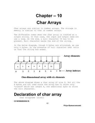 Chapter – 10
Char Arrays
Char arrays are similar to number arrays. The storage in
memory is similar to that of number arrays.
The difference comes when the char array is treated as a
single string. In that case, the input and output need not
use a loop. At the end, a null character 0 has to be
present. Null character marks the end of the string.
In the below diagram, though 8 bytes are allocated, we use
only 6 bytes. So the presence of null character next tells
us that the string has ended.

The above diagram shows a char array of size 8. But all the
8 bytes are not used since the array has to store only
“class9” which has length 6, one additional byte to store
the null character.

Declaration of char array
char arrayname [size];
CS WORKBOOK IX
85
Priya Kumaraswami

 