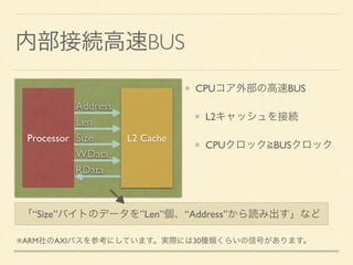 CACHE ALGORITHM 
typedef struct { 
unsigned long tag; 
int data[8]; 
} CLine; 
! 
typedef struct { 
CLine entry[512 / (8 * sizeof(int)]; 
} ETable; 
ETable cache; 
! 
bool GetData(int* adrs, int *data) { 
unsigned long i = (adrs & 0x000001E0) >> 5; 
! 
if (cache.entry[i].tag == adrs & 0xFFFFFE00) { 
*data = cache.entry[i].data[adrs & 0x0000001F]; 
} 
・タグ 
：0xFFFFFE00 
・インデックス 
：0x000001E0 
・ライン内オフセット 
：0x0000001F 
アドレスからタグを抽出して比較 
 