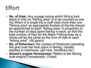  No. of trips: Any voyage during which fishing took
place in only on "fishing area" is to be counted as one
trip.When in a single trip a craft visits more than one
"fishing area" an appropriate fraction of the trip should
be apportioned to each "fishing area“ in proportion to
the number of days spent fishing in each, so that the
total number of trips for the Major Fishing Area as a
whole will be the same as the sum of trips to each
“fishing area". (All gears)
 No. of fishermen: the number of fishermen operating
the gear over the time spent in fishing. Usually
express in manhours. (gill nets, handlines etc.)
 Vessel’s engine Horsepower. Refers to the fishing
boat engine’s horsepower. (Trawl)
 