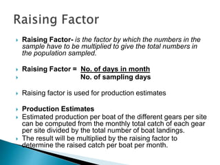  Raising Factor- is the factor by which the numbers in the
sample have to be multiplied to give the total numbers in
the population sampled.
 Raising Factor = No. of days in month
 No. of sampling days
 Raising factor is used for production estimates
 Production Estimates
 Estimated production per boat of the different gears per site
can be computed from the monthly total catch of each gear
per site divided by the total number of boat landings.
 The result will be multiplied by the raising factor to
determine the raised catch per boat per month.
 