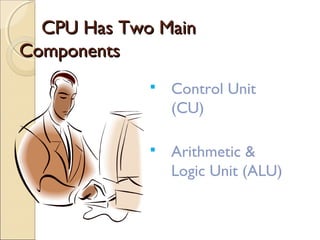 CPU Has Two MainCPU Has Two Main
ComponentsComponents
 Control Unit
(CU)
 Arithmetic &
Logic Unit (ALU)
 