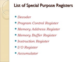 List of Special Purpose RegistersList of Special Purpose Registers
Decoder
Program Control Register
Memory Address Register
Memory Buffer Register
Instruction Register
I/O Register
Accumulator
 