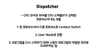 Dispatcher
- CPU 코어의 제어를 CPU 스케줄러가 선택한
프로세스에 주는 모듈
1. 한 프로세스에서 다른 프로세스로 Context Switch
2. User Mode로 전환
3. 프로그램을 다시 시작하기 위해 사용자 프로그램의 적절한 위치로
JUMP하는 일
 