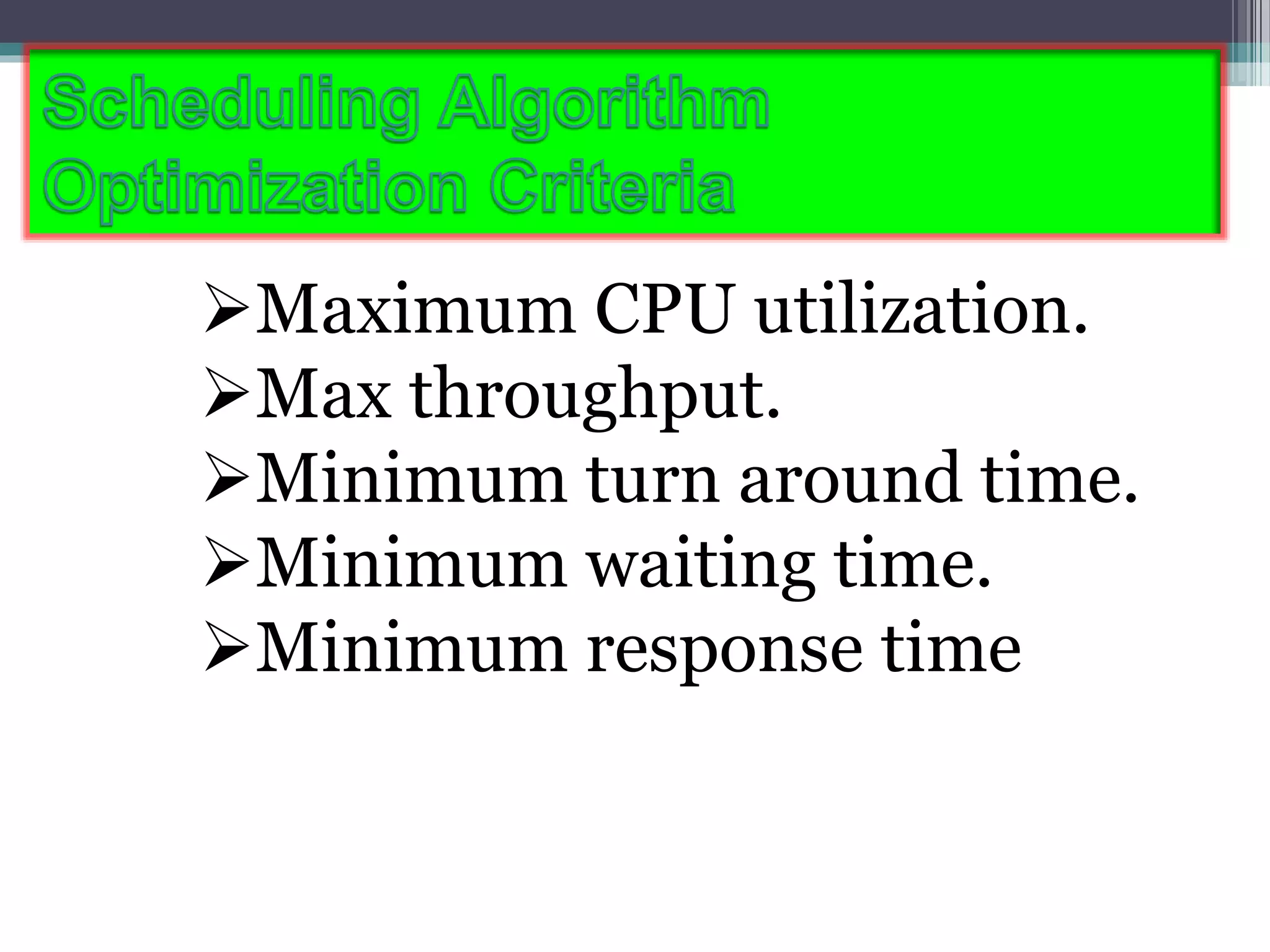Maximum CPU utilization.
Max throughput.
Minimum turn around time.
Minimum waiting time.
Minimum response time
 