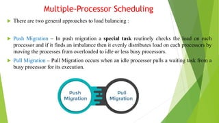 Multiple-Processor Scheduling
 There are two general approaches to load balancing :
 Push Migration – In push migration a special task routinely checks the load on each
processor and if it finds an imbalance then it evenly distributes load on each processors by
moving the processes from overloaded to idle or less busy processors.
 Pull Migration – Pull Migration occurs when an idle processor pulls a waiting task from a
busy processor for its execution.
 