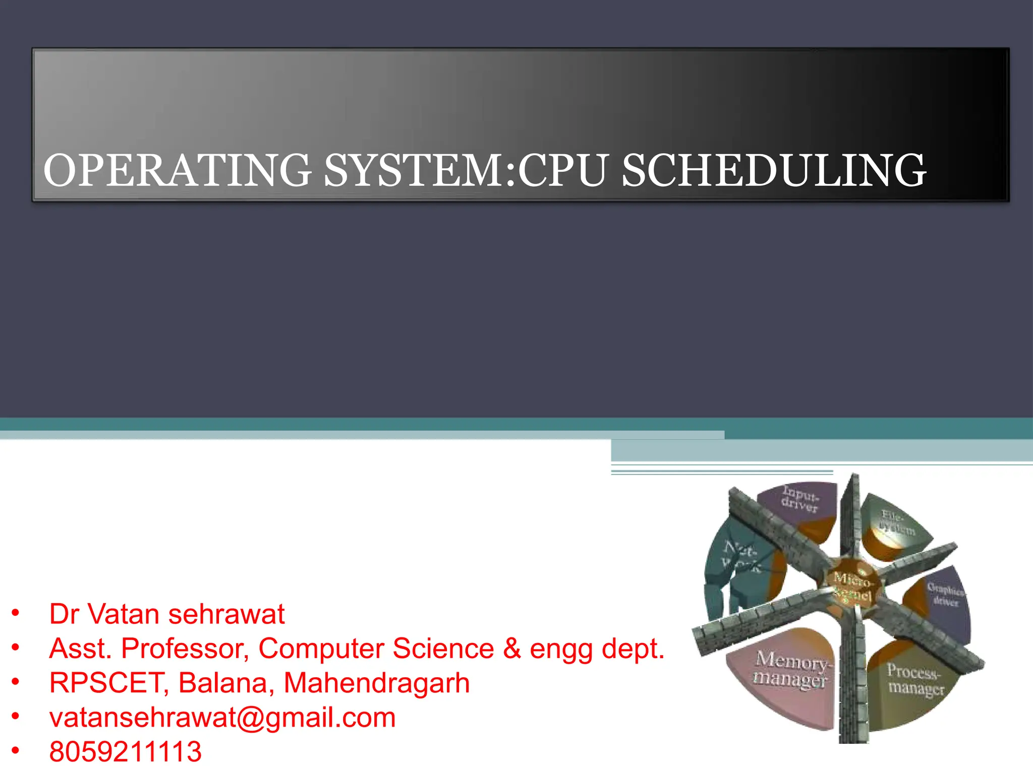 OPERATING SYSTEM:CPU SCHEDULING
• Dr Vatan sehrawat
• Asst. Professor, Computer Science & engg dept.
• RPSCET, Balana, Mahendragarh
• vatansehrawat@gmail.com
• 8059211113
 