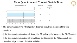 Time Quantum and Context Switch Time
●
The performance of the RR algorithm depends heavily on the size of the time
quantum.
●
If the time quantum is extremely large, the RR policy is the same as the FCFS policy.
●
If the time quantum is extremely small (say, 1 millisecond), the RR approach can
result in a large number of context switches.
 