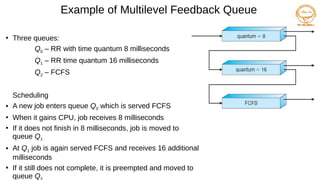 Example of Multilevel Feedback Queue
●
Three queues:
Q0 – RR with time quantum 8 milliseconds
Q1 – RR time quantum 16 milliseconds
Q2 – FCFS
Scheduling
● A new job enters queue Q0 which is served FCFS
●
When it gains CPU, job receives 8 milliseconds
●
If it does not finish in 8 milliseconds, job is moved to
queue Q1
● At Q1 job is again served FCFS and receives 16 additional
milliseconds
●
If it still does not complete, it is preempted and moved to
queue Q
 