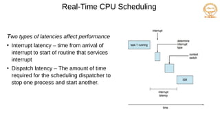 Real-Time CPU Scheduling
Two types of latencies affect performance
●
Interrupt latency – time from arrival of
interrupt to start of routine that services
interrupt
●
Dispatch latency – The amount of time
required for the scheduling dispatcher to
stop one process and start another.
 