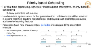 Priority-based Scheduling
●
For real-time scheduling, scheduler must support preemptive, priority-based
scheduling
But only guarantees soft real-time
●
Hard real-time systems must further guarantee that real-time tasks will be serviced
in accord with their deadline requirements, and making such guarantees requires
additional scheduling features
●
Processes have new characteristics: periodic ones require CPU at constant
intervals
●
Has processing time t, deadline d, period p
●
0 ≤ t ≤ d ≤ p
●
Rate of periodic task is 1/p
 
