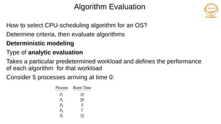 Algorithm Evaluation
How to select CPU-scheduling algorithm for an OS?
Determine criteria, then evaluate algorithms
Deterministic modeling
Type of analytic evaluation
Takes a particular predetermined workload and defines the performance
of each algorithm for that workload
Consider 5 processes arriving at time 0:
 