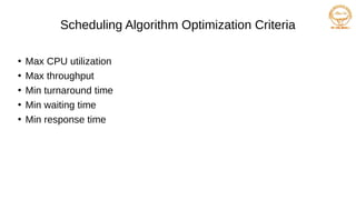 Scheduling Algorithm Optimization Criteria
●
Max CPU utilization
●
Max throughput
●
Min turnaround time
●
Min waiting time
●
Min response time
 