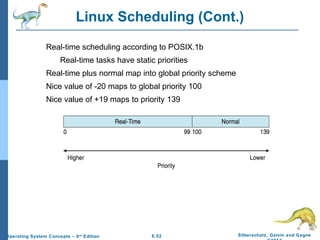 6.52 Silberschatz, Galvin and GagneOperating System Concepts – 9th
Edition
Linux Scheduling (Cont.)
Real-time scheduling according to POSIX.1b
Real-time tasks have static priorities
Real-time plus normal map into global priority scheme
Nice value of -20 maps to global priority 100
Nice value of +19 maps to priority 139
 
