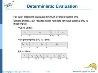 6.62 Silberschatz, Galvin and GagneOperating System Concepts – 9th
Edition
Deterministic Evaluation
For each algorithm, calculate minimum average waiting time
Simple and fast, but requires exact numbers for input, applies only to
those inputs
FCS is 28ms:
Non-preemptive SFJ is 13ms:
RR is 23ms:
 