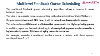 Multilevel Feedback Queue Scheduling
• The multilevel feedback queue scheduling algorithm, allows a process to move
between queues
• The idea is to separate processes according to the characteristics of their CPU bursts
• If a process uses too much CPU time, it will be moved to a lower-priority queue
• This scheme leaves I/O-bound and interactive processes in the higher-priority queues
• In addition, a process that waits too long in a lower-priority queue may be moved to a
higher-priority queue. This form of aging prevents starvation
• For example, consider a multilevel feedback queue scheduler with three queues,
numbered from 0 to 2
20
 