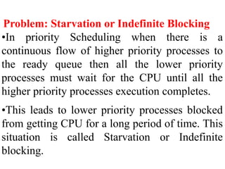 Problem: Starvation or Indefinite Blocking
•In priority Scheduling when there is a
continuous flow of higher priority processes to
the ready queue then all the lower priority
processes must wait for the CPU until all the
higher priority processes execution completes.
•This leads to lower priority processes blocked
from getting CPU for a long period of time. This
situation is called Starvation or Indefinite
blocking.
 