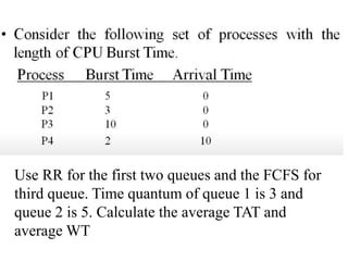Use RR for the first two queues and the FCFS for
third queue. Time quantum of queue 1 is 3 and
queue 2 is 5. Calculate the average TAT and
average WT
 