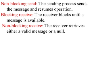 Non-blocking send: The sending process sends
the message and resumes operation.
Blocking receive: The receiver blocks until a
message is available.
Non-blocking receive: The receiver retrieves
either a valid message or a null.
 