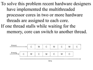 To solve this problem recent hardware designers
have implemented the multithreaded
processor cores in two or more hardware
threads are assigned to each core.
If one thread stalls while waiting for the
memory, core can switch to another thread.
 