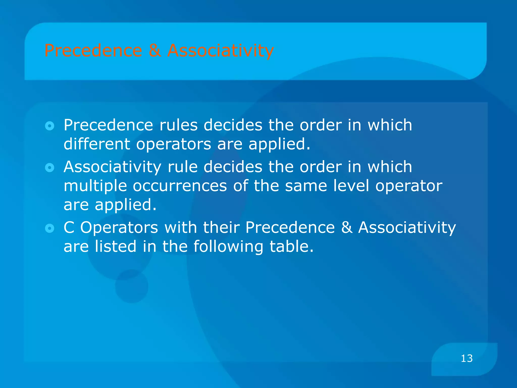 Precedence & Associativity
13
 Precedence rules decides the order in which
different operators are applied.
 Associativity rule decides the order in which
multiple occurrences of the same level operator
are applied.
 C Operators with their Precedence & Associativity
are listed in the following table.
 