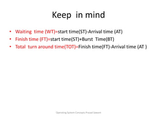 Keep  in mind Waiting  time (WT)=start time(ST)-Arrival time (AT)Finish time (FT)=start time(ST)+Burst  Time(BT)Total  turn around time(TOT)=Finish time(FT)-Arrival time (AT )Operating System Concepts Prasad Sawant