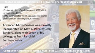 1969
Co-founder Jerry Sanders named AMD’s first
president and CEO.
AMD incorporates with $100,000; establishes
headquarters in Sunnyvale, California.
Advanced Micro Devices was formally
incorporated on May 1, 1969, by Jerry
Sanders, along with seven of his
colleagues from Fairchild
Semiconductor
 