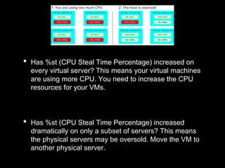 • Has %st (CPU Steal Time Percentage) increased on
every virtual server? This means your virtual machines
are using more CPU. You need to increase the CPU
resources for your VMs.
• Has %st (CPU Steal Time Percentage) increased
dramatically on only a subset of servers? This means
the physical servers may be oversold. Move the VM to
another physical server.
 