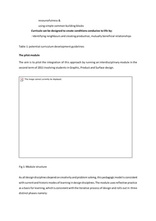 resourcefulness &
using simple common building blocks
Curricula can be designed to create conditions conducive to life by:
- Identifying neighbours and creating productive, mutually beneficial relationships
Table 1: potential curriculum development guidelines
The pilot module
The aim is to pilot the integration of this approach by running an interdisciplinary module in the
second term of 2011 involving students in Graphic, Product and Surface design.
Fig 1: Module structure
As all designdisciplinesdependoncreativityandproblem solving,thispedagogicmodelis consistent
withcurrentand historicmodesof learning indesigndisciplines.The module usesreflective practice
as a basisfor learning,whichisconsistentwiththe iterative process of design and rolls out in three
distinct phases namely:
 