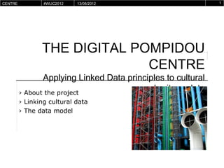 CENTRE        #WLIC2012   13/08/2012                               1
POMPIDOU
VIRTUEL




           THE DIGITAL POMPIDOU CENTRE
       Applying Linked Data principles to cultural heritage data

      › About the project
      › Linking cultural data
      › The data model
 