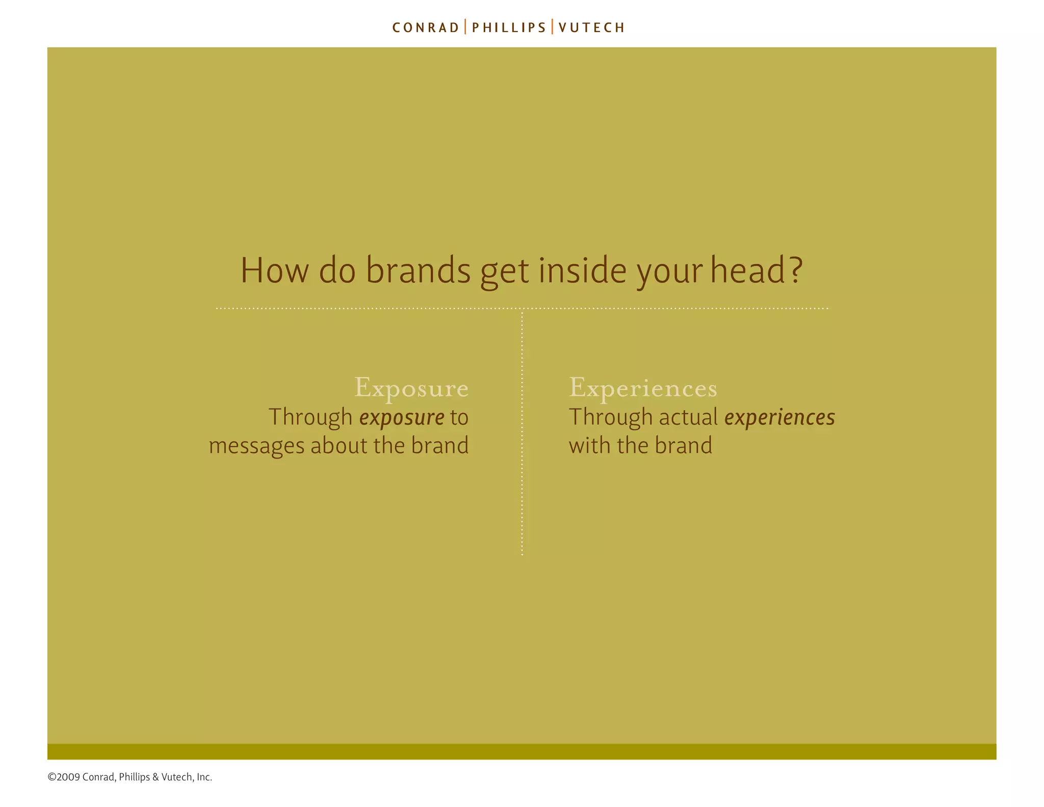 how do brands get inside your head?


                                                 Exposure      Experiences
                                         Through exposure to   Through actual experiences
                                    messages about the brand   with the brand




©2009 Conrad, Phillips & Vutech, Inc.
 
