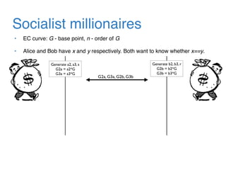 Socialist millionaires
• EC curve: G - base point, n - order of G
• Alice and Bob have x and y respectively. Both want to know whether x==y.
Generate a2, a3, s
G2a = a2*G
G3a = a3*G
Generate b2, b3, r
G2b = b2*G
G3b = b3*G
G2a, G3a, G2b, G3b
 
