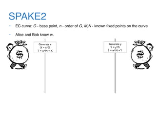 SPAKE2
• EC curve: G - base point, n - order of G, M,N - known ﬁxed points on the curve
• Alice and Bob know w.
Generate x
X = x*G
T = w*M + X
Generate y
Y = y*G
S = w*N +Y
 