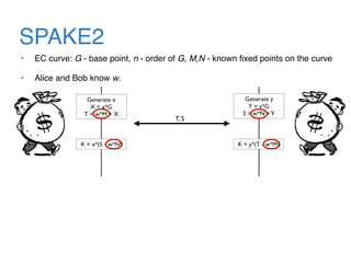 SPAKE2
• EC curve: G - base point, n - order of G, M,N - known ﬁxed points on the curve
• Alice and Bob know w.
Generate x
X = x*G
T = w*M + X
Generate y
Y = y*G
S = w*N +Y
K = x*(S - w*N) K = y*(T - w*M)
T, S
 